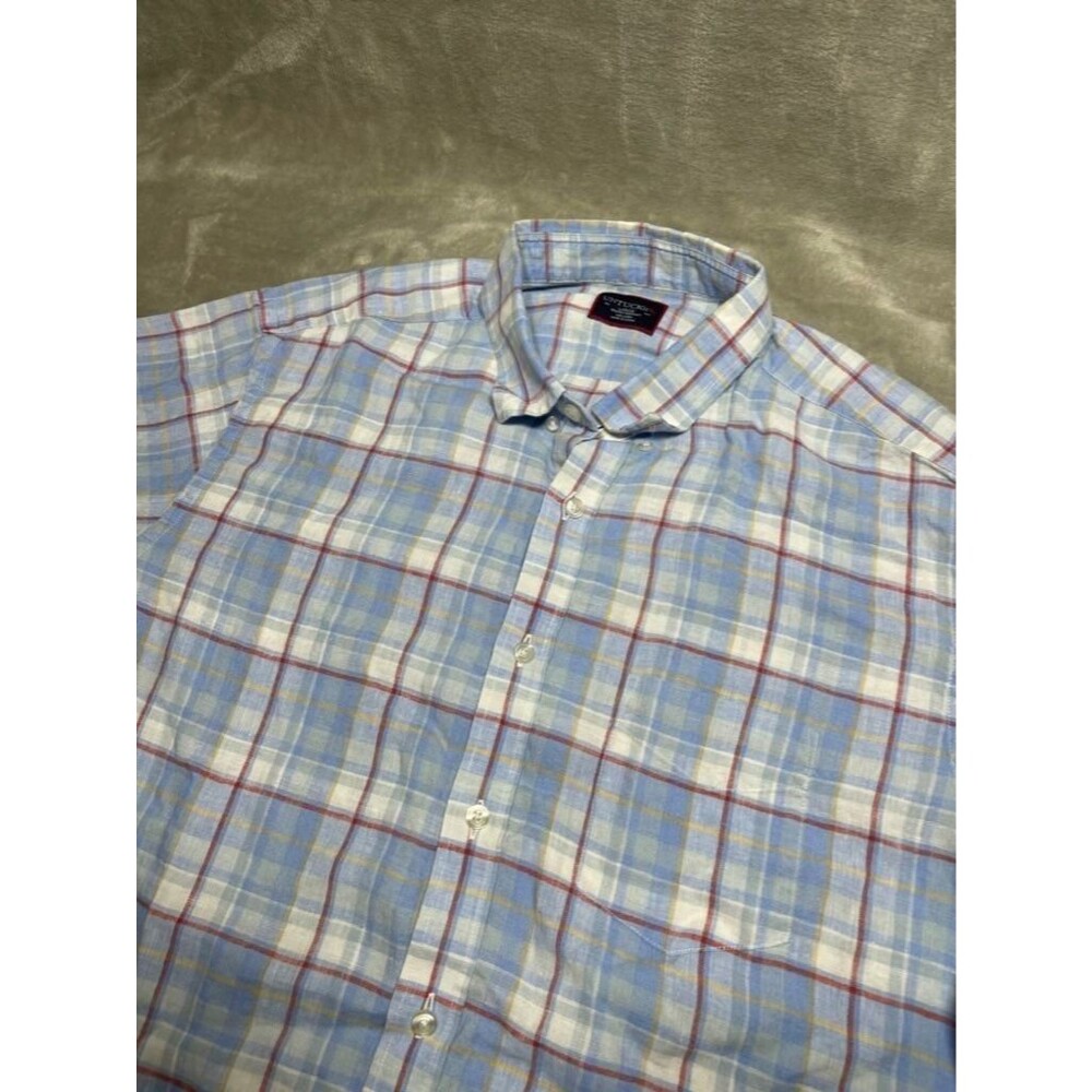 Untuckit Linen Button Down Shirt Men Large Blue Plaid Short Sleeve Casual